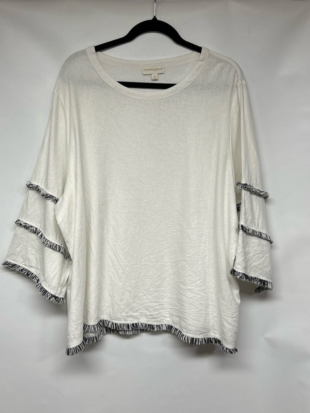 Cynthia Rowley White Long-Sleeve Tee with Fringe Trim